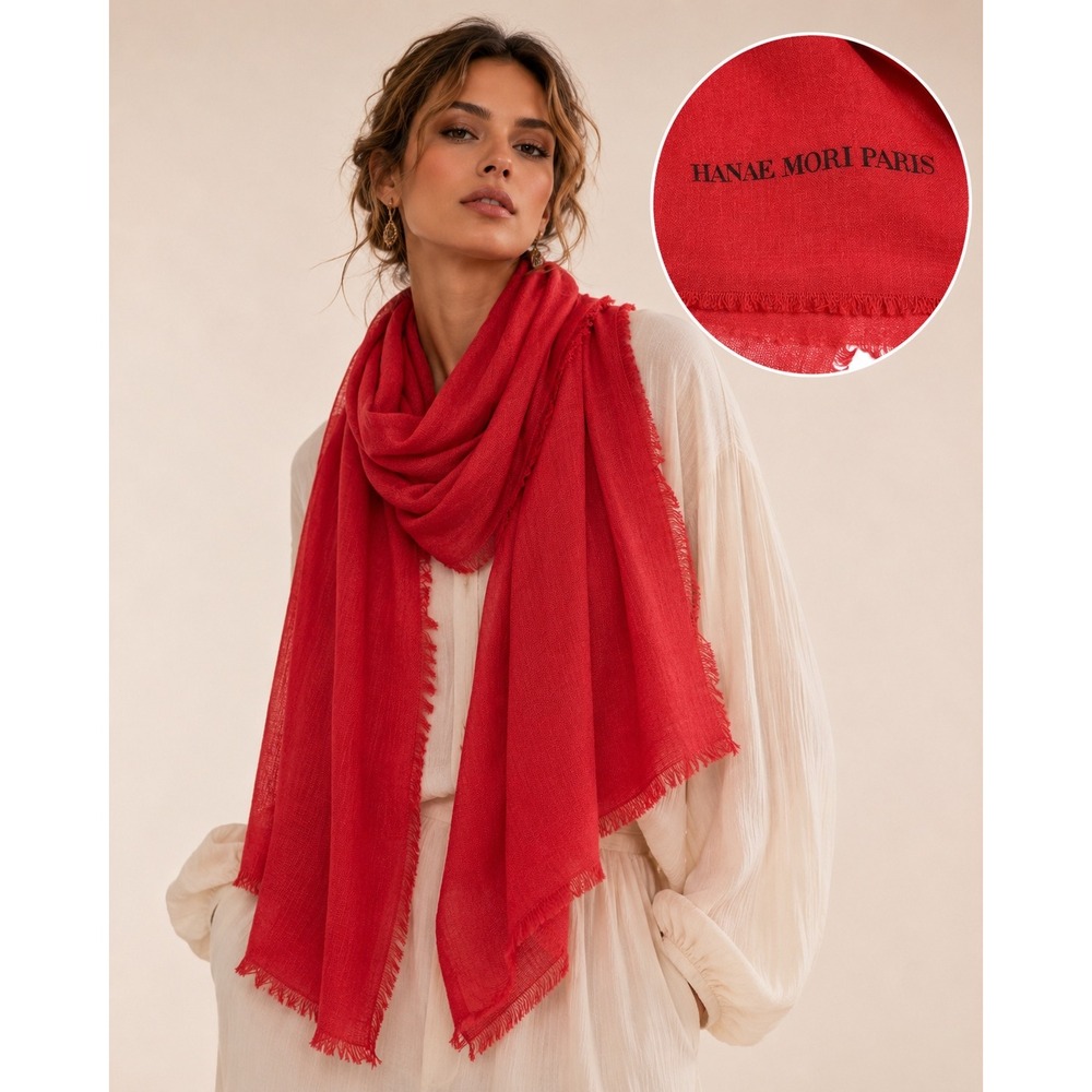 Hanae Mori Paris Red Vintage Square Scarf Wrap Fringe Large 51x51